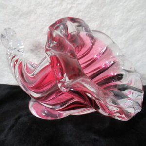 Vintage Chalet Cranberry Blown Art Glass Footed Cornucopia Vase w/ Scalloped